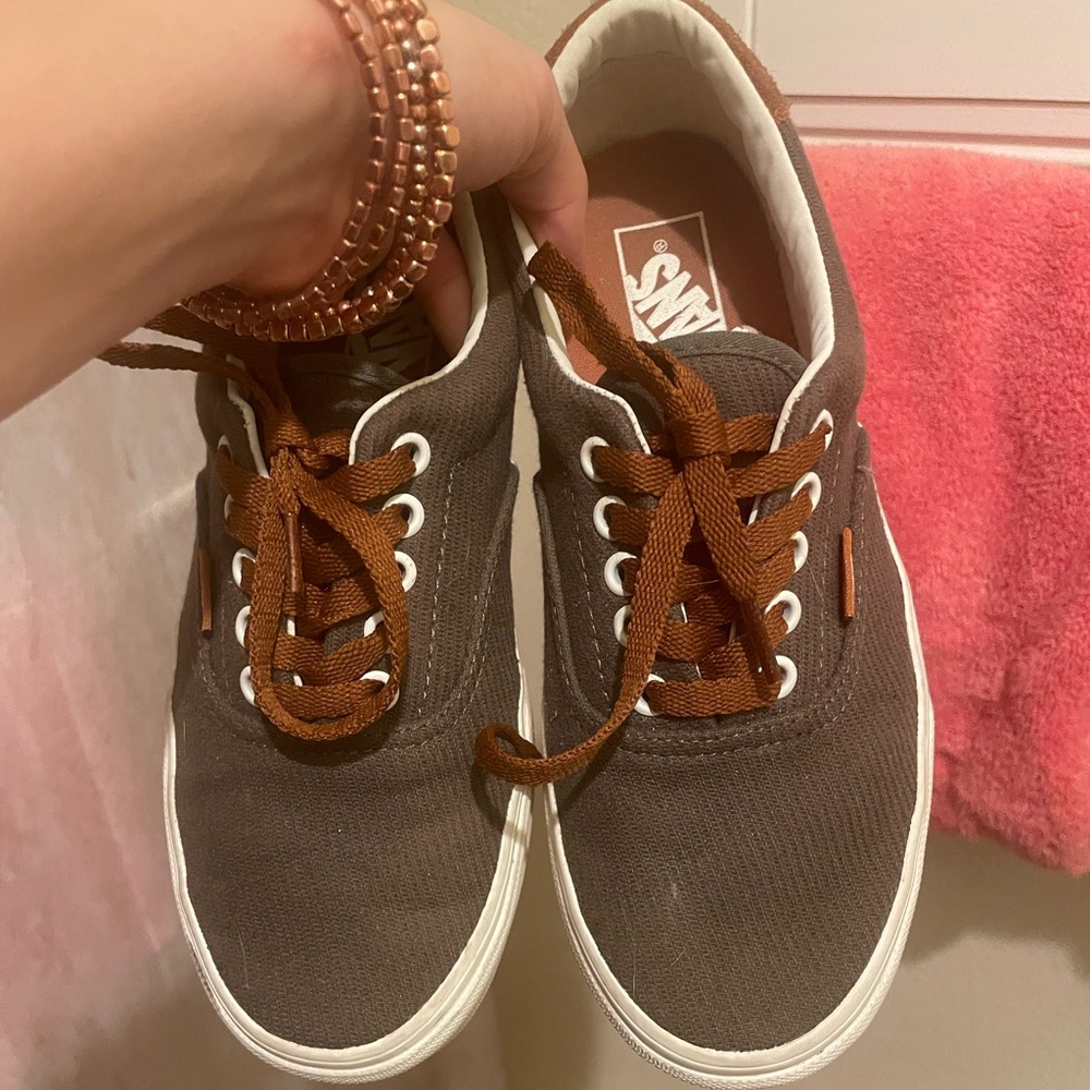 Dark green corduroy and brown vans